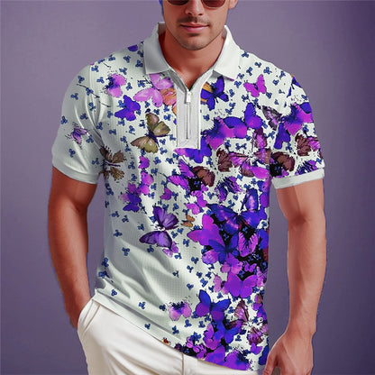 3D Butterfly Hawaiian Zip Polo