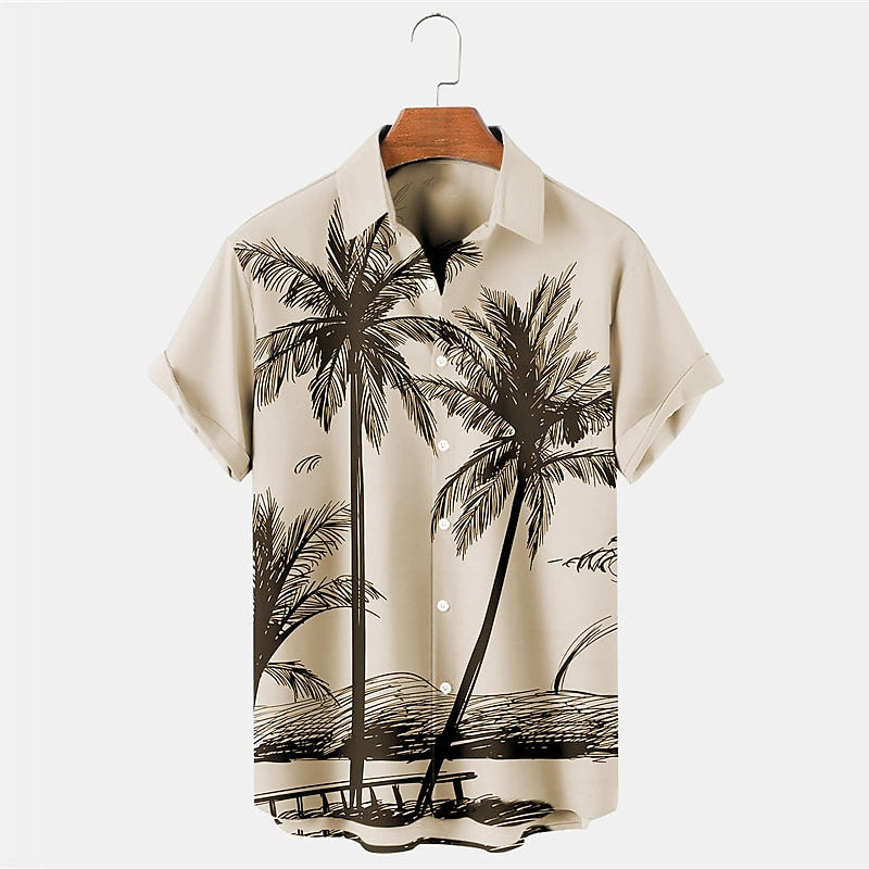 Camisa hawaiana de verano con plantas tropicales y cocoteros