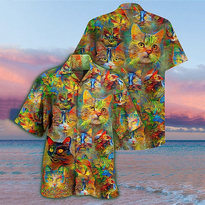 Camisa hawaiana de verano con pintura al óleo de gato tropical