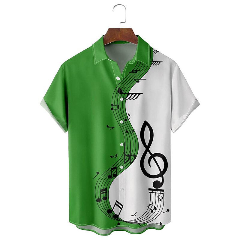 Camisa con notas musicales, camisa abotonada, manga corta, informal, para uso diario