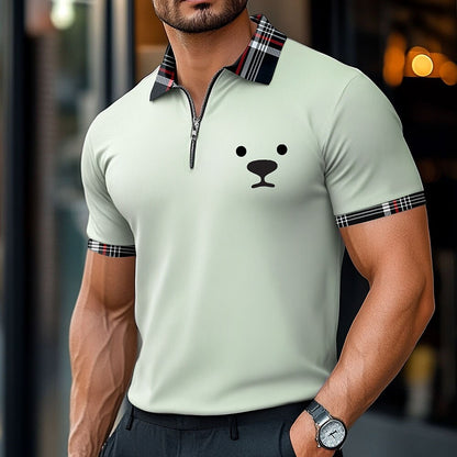 Dog Print Zip Polo Shirt Casual Summer Wear