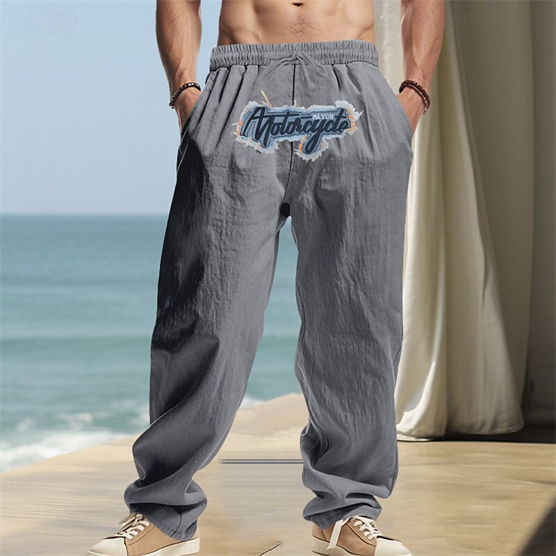 Embroidered Linen Drawstring Beach Pants