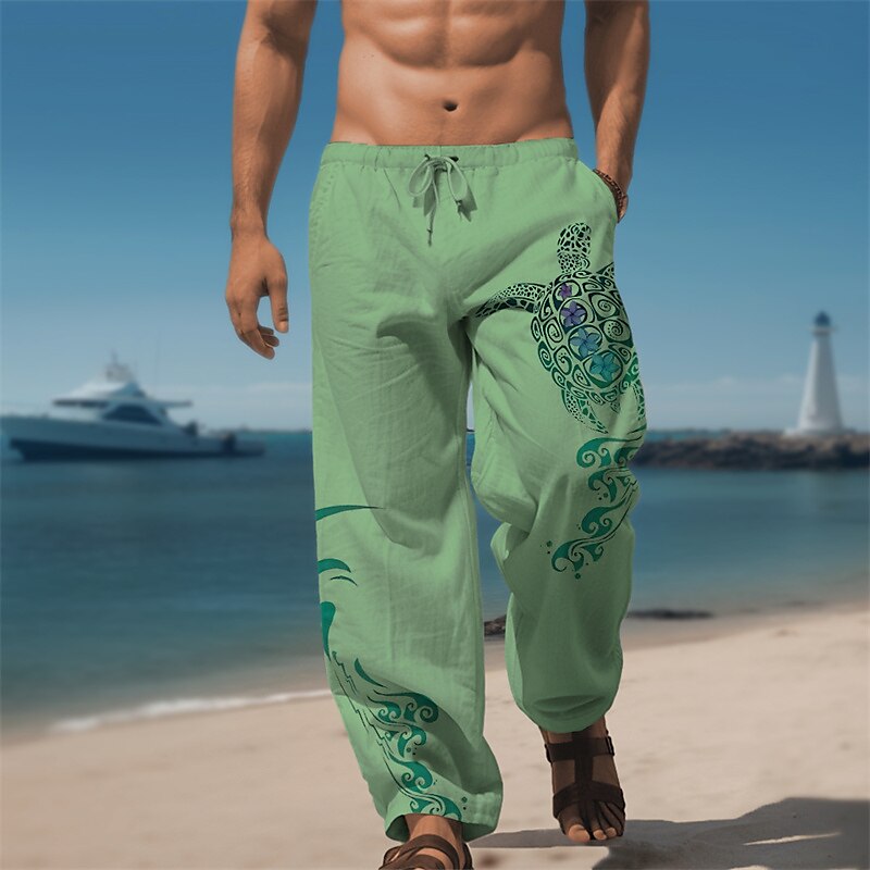 Turtle Print Linen Baggy Pants