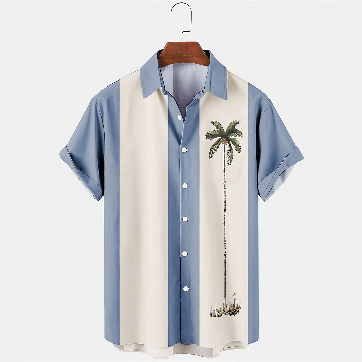 Camisa con diseño de plantas tropicales y cocoteros en bloques de color