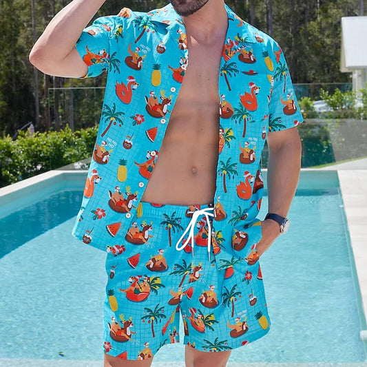 Hawaiian Patterned Vacation Casual Shirt Set Blue