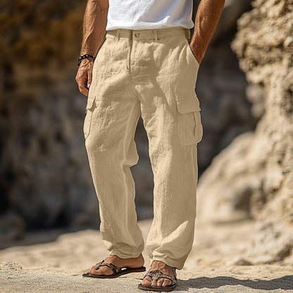 Linen Multi-Pocket Straight-Leg Pants