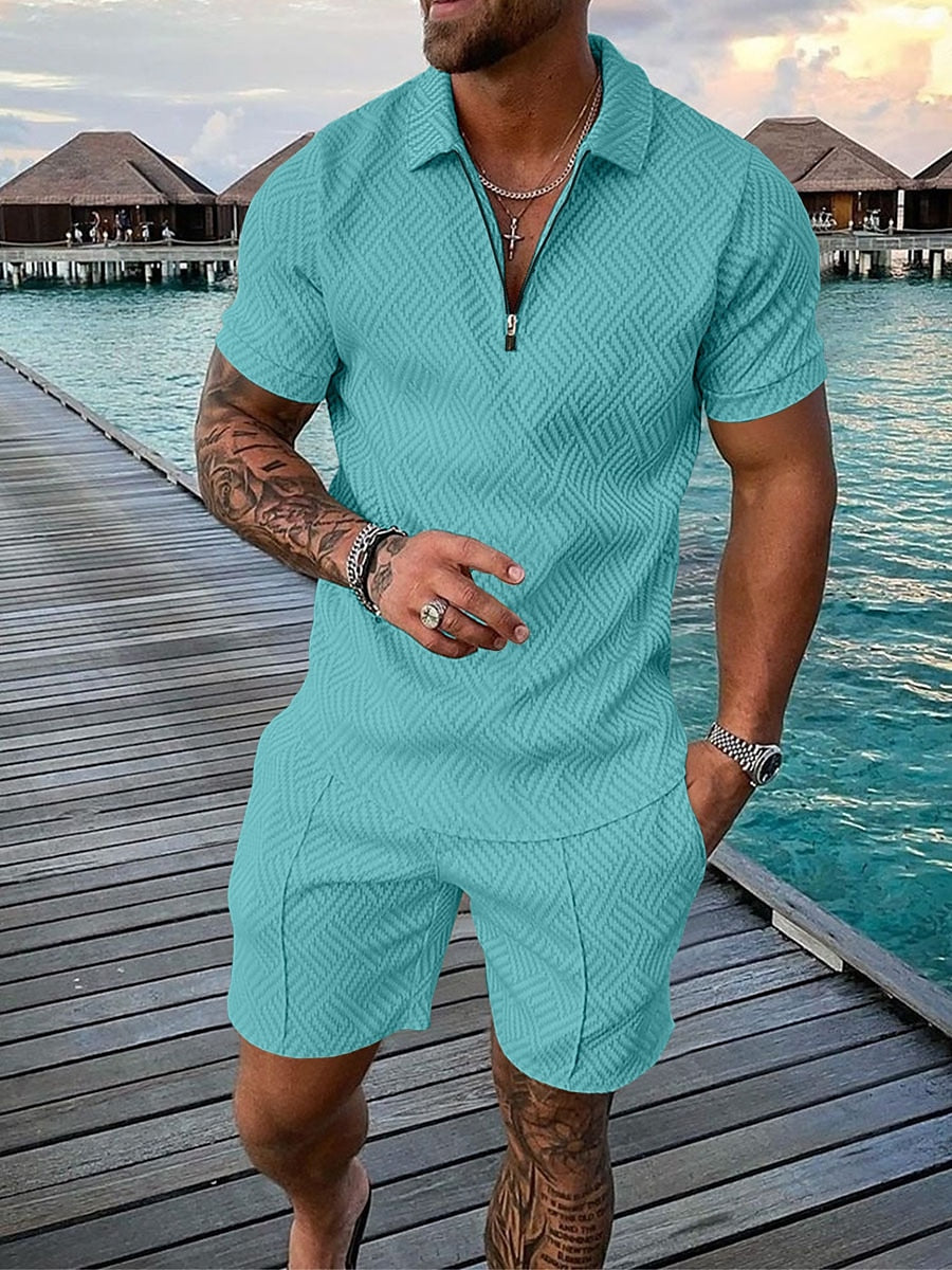 Solid color textured polo shirt set