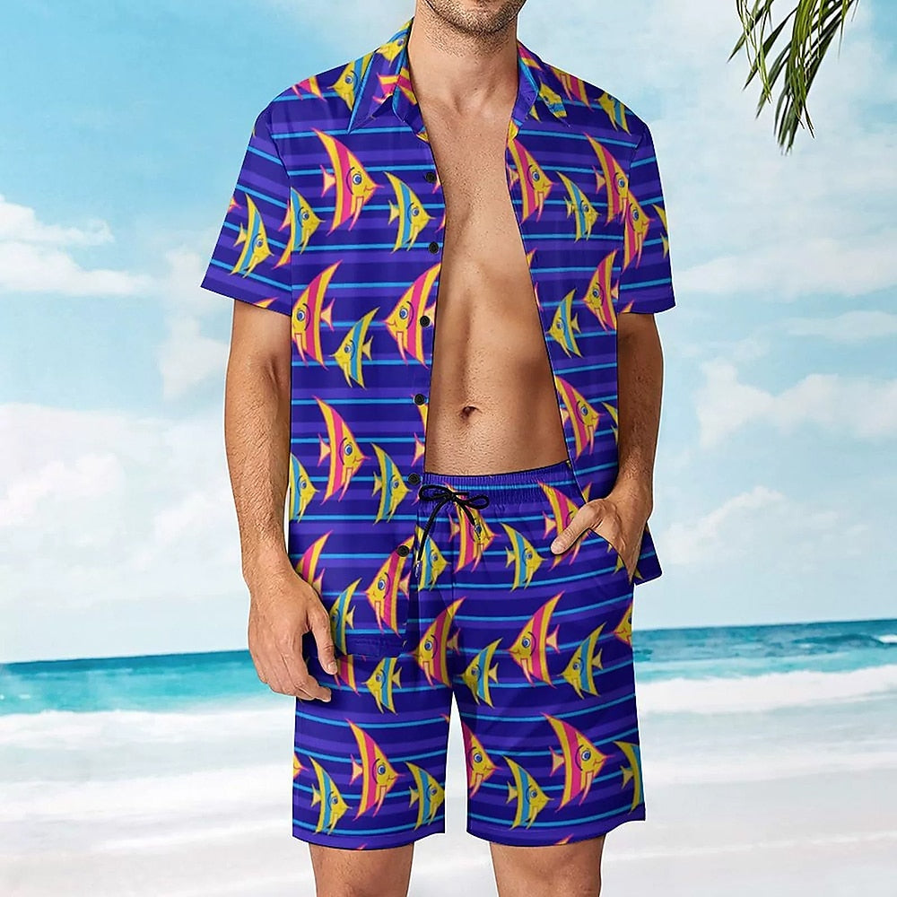 Cartoon Triangle Fish Pattern Summer Shirt Set