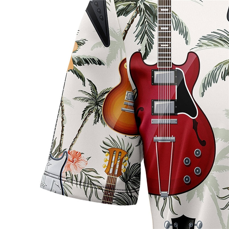 Camisa hawaiana de verano con notas musicales de guitarra, camisa abotonada de manga corta