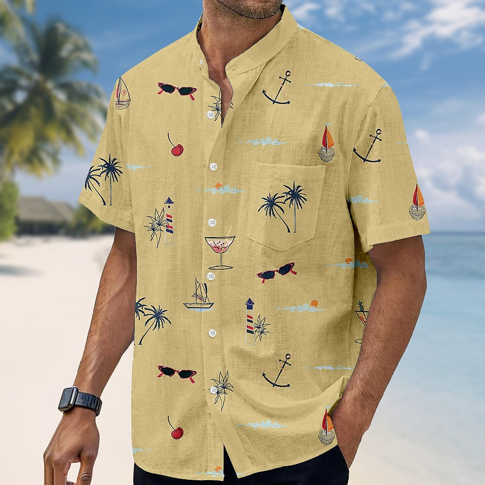 Coconut Tree Tropical Plants Band Collar Shirt