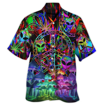 Camisa hawaiana de verano con diseño de hongo alienígena de colores