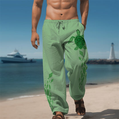 Turtle Print Linen Baggy Pants