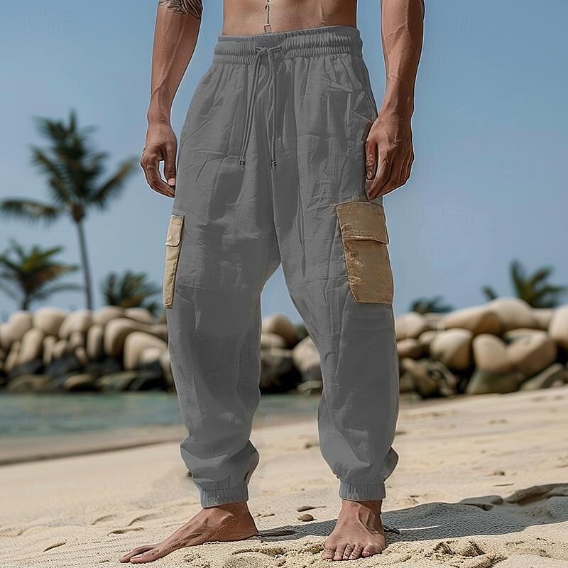 Multi-Pocket Linen Drawstring Pants