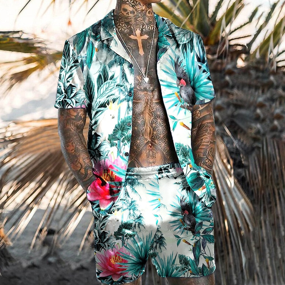 Floral Flamingo Pattern Hawaiian Shirt Set