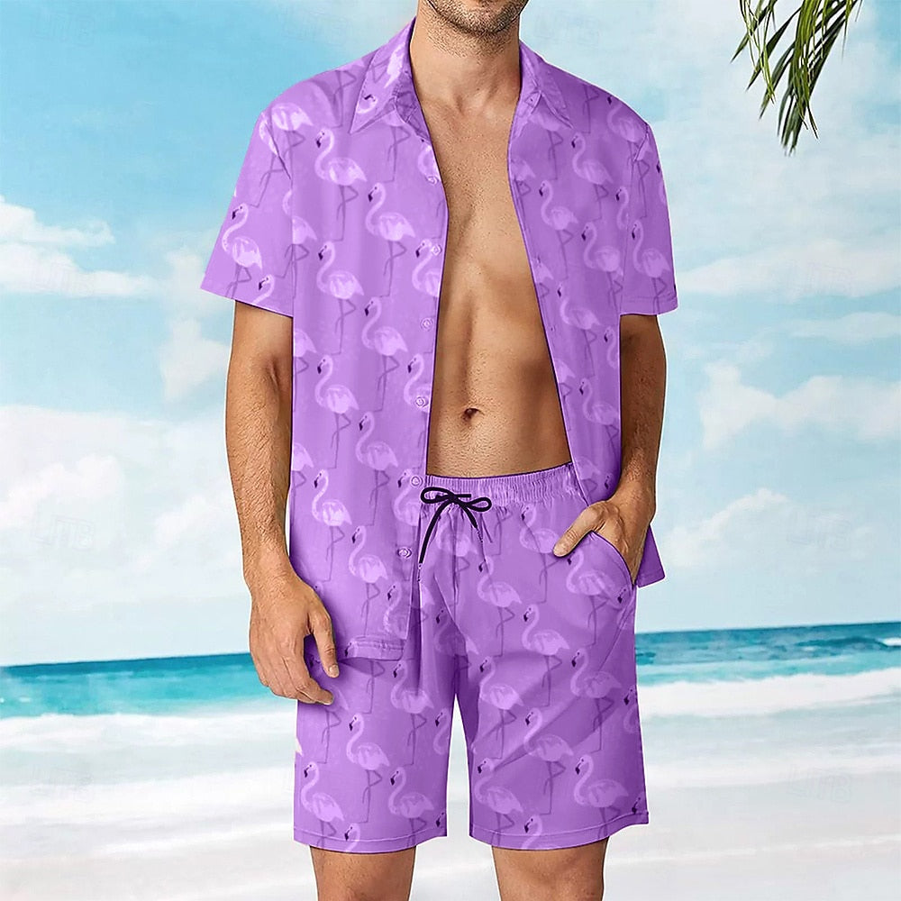 Pink Flamingo Print Shirt and Shorts Set
