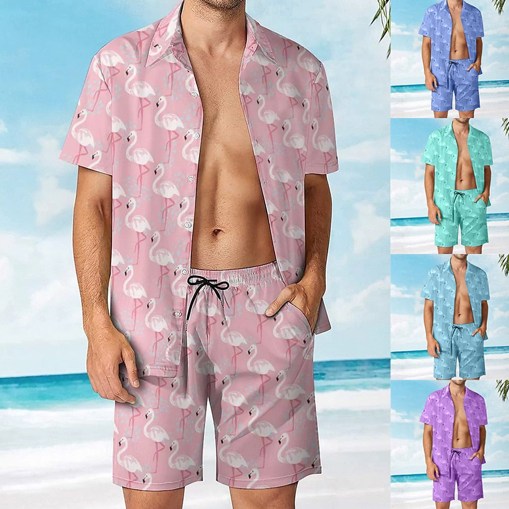 Pink Flamingo Print Shirt and Shorts Set