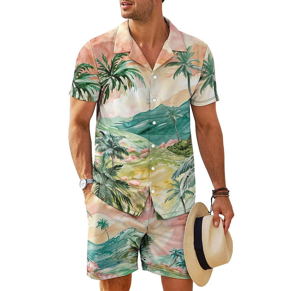 Floral Cuban Collar Vacation Shirt Set