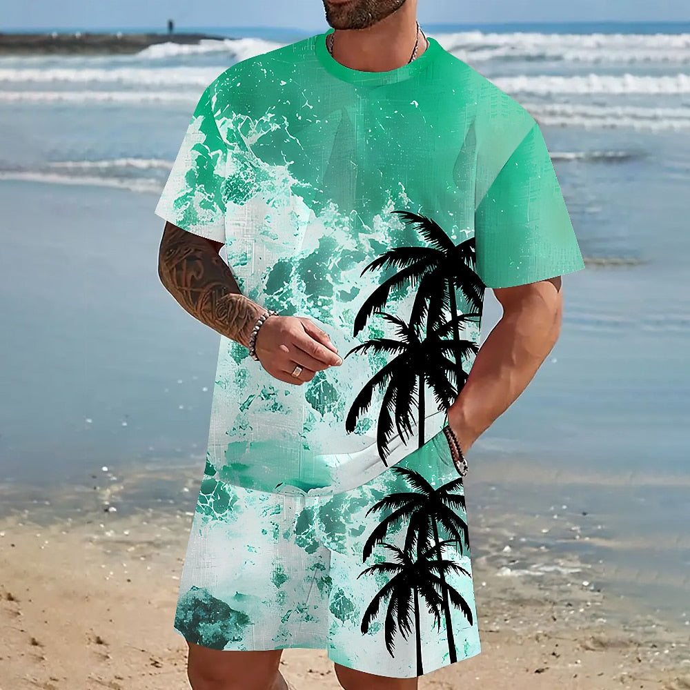Ocean Waves Coconut Palm Summer Shirt Set