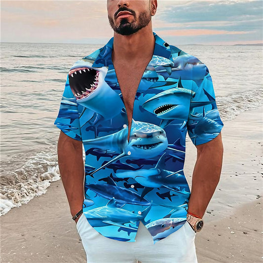 Camisa hawaiana de verano con estampado tropical de tiburón animal