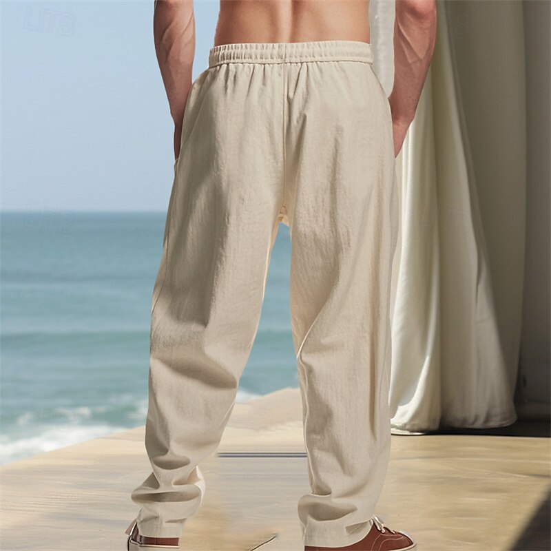 Embroidered Linen Drawstring Beach Pants