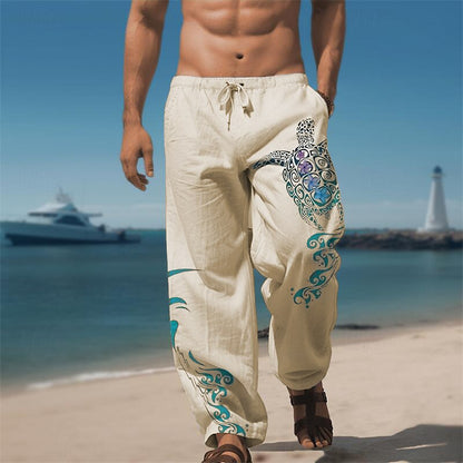 Turtle Print Linen Baggy Pants