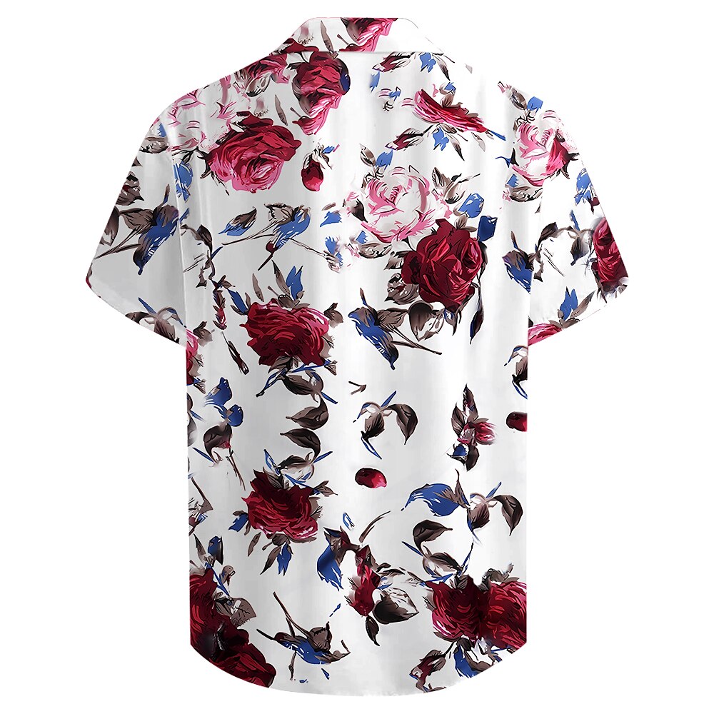 Camisa hawaiana de verano con botones y flores tropicales y rosas