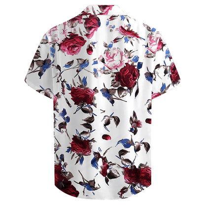 Camisa hawaiana de verano con botones y flores tropicales y rosas