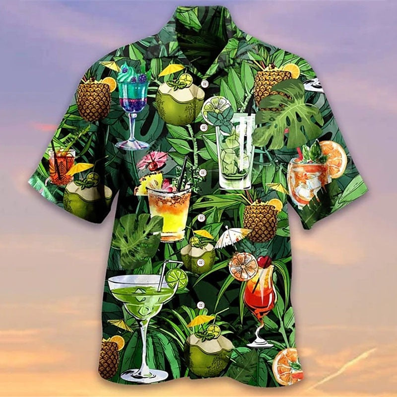 Camisa de bebida Camisa hawaiana de verano Camisa Aloha Camisa de manga corta Camisa de cuello vuelto