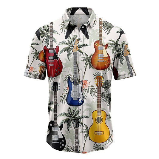 Camisa hawaiana de verano con notas musicales de guitarra, camisa abotonada de manga corta