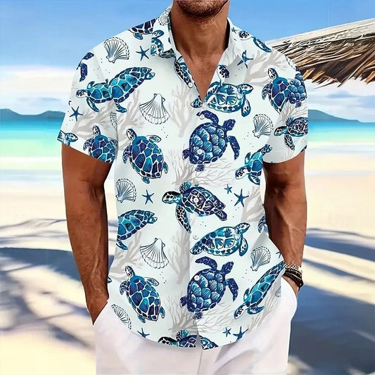 Camisa hawaiana de verano con criaturas marinas y tortugas