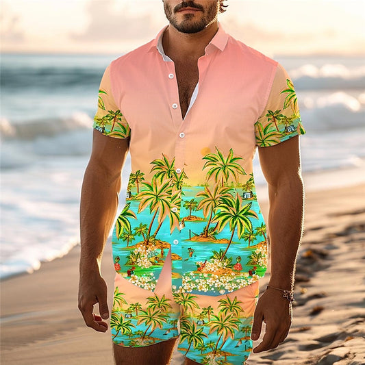 Palm Tree Tropical Botanical Seascape Pattern Shirt Set