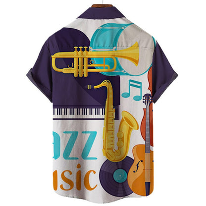 Camisa abotonada con instrumento musical de guitarra, camisa corta