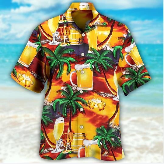 Camisa hawaiana de verano con estampado de paisaje marino y barco