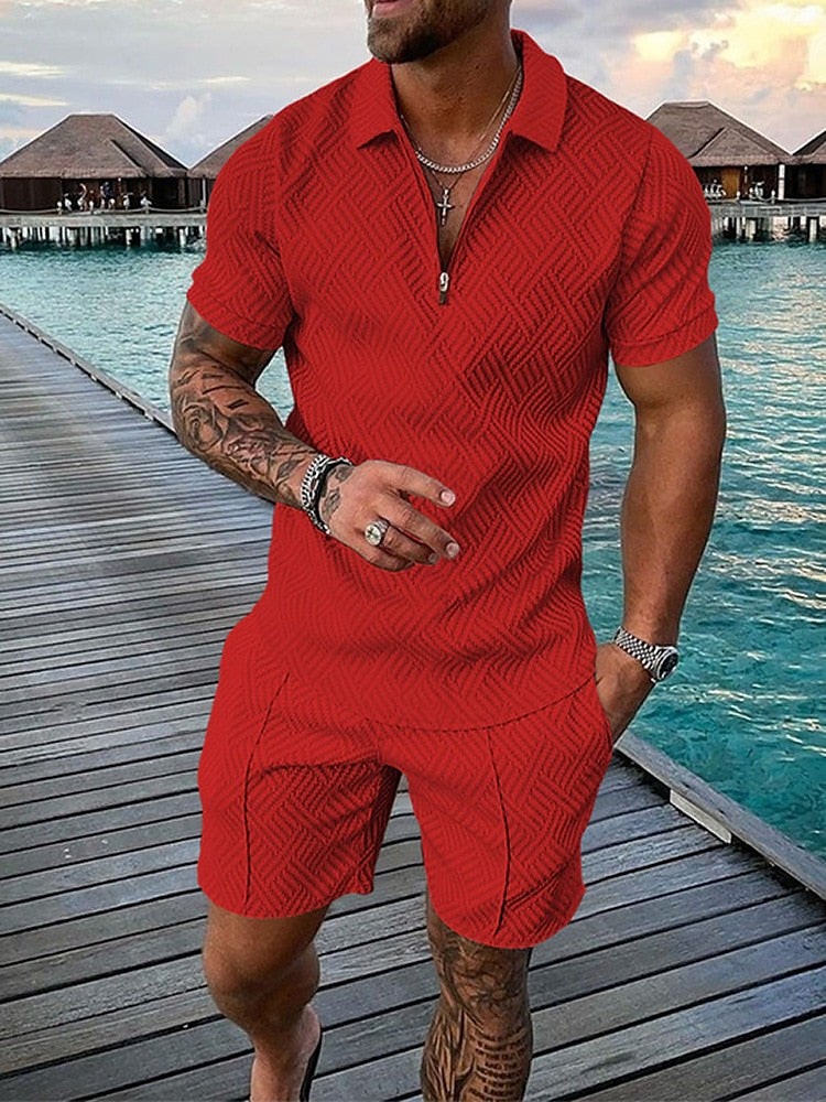 Solid color textured polo shirt set