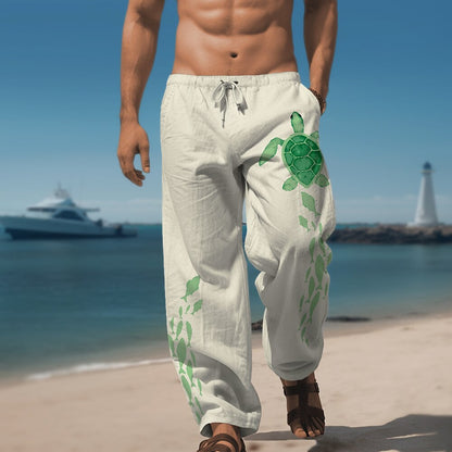Turtle Print Linen Baggy Pants