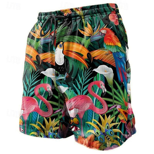 Bañador tipo short de tabla con estampado de flamencos y piñas