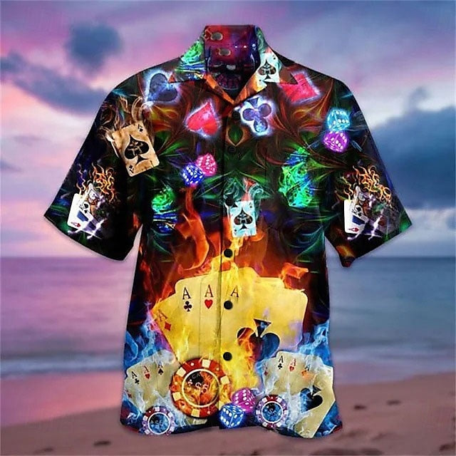 Camisa hawaiana de verano con botones y manga corta con estampado de guitarra colorida