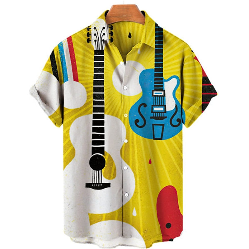 Camisa abotonada con instrumento musical de guitarra, camisa corta