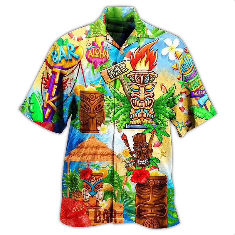 Camisa hawaiana de verano con máscara de dibujos animados y plantas tropicales