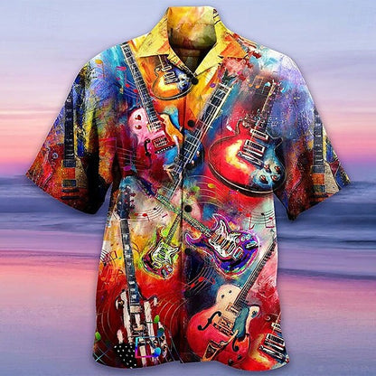 Camisa hawaiana de verano con botones y manga corta con estampado de guitarra colorida