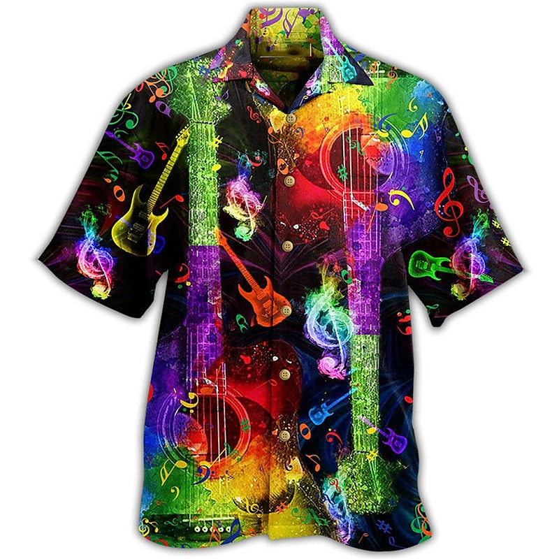 Camisa de guitarra Camisa hawaiana de verano Camisa abotonada de manga corta