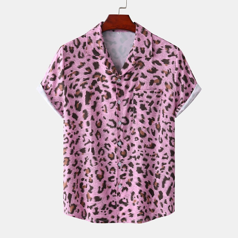 Camisa de leopardo con botones, camisa de manga corta, diseño tropical, informal, para uso diario