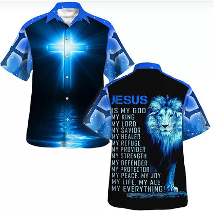 Camisa con botones y manga corta con la letra de Jesús y el león