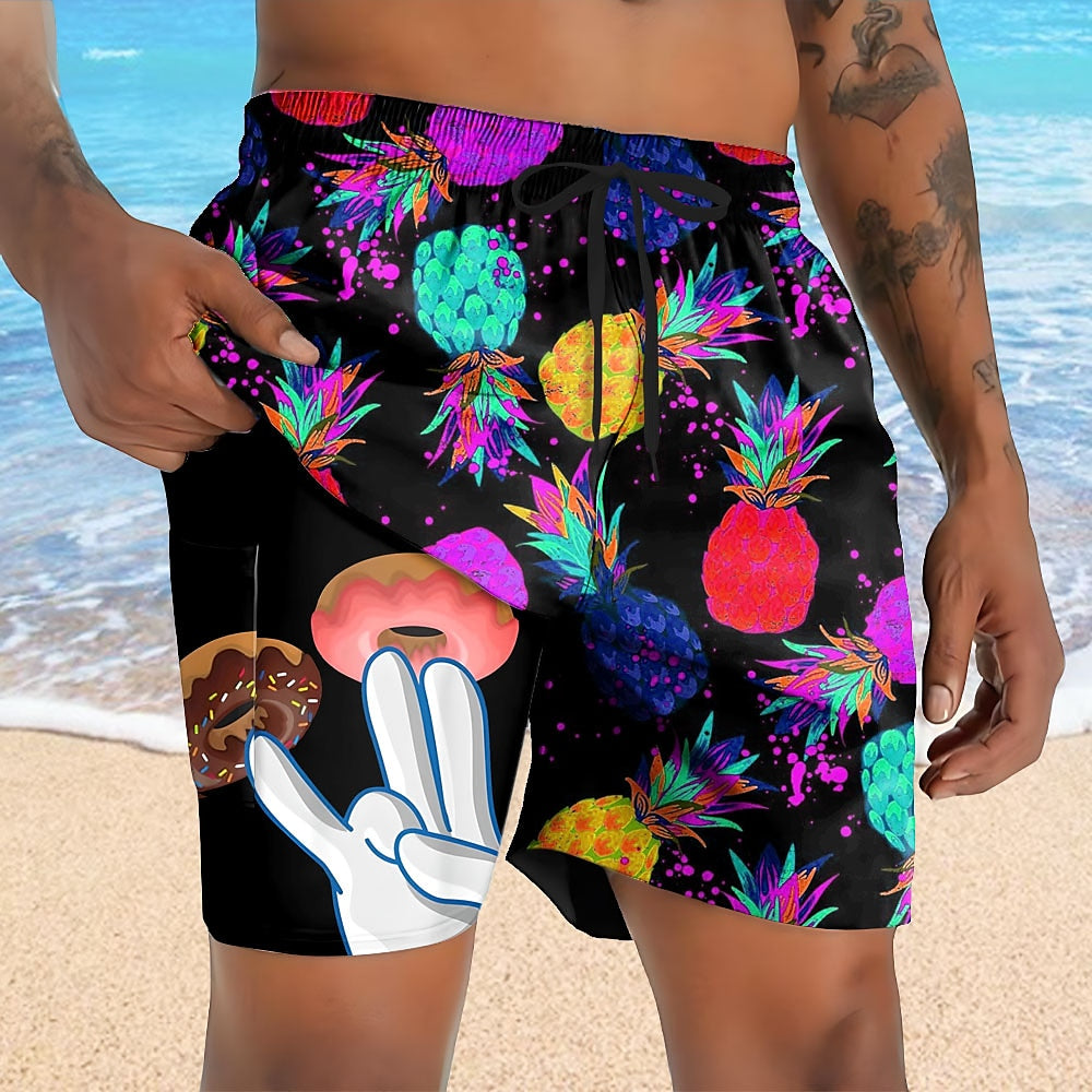 Pineapple Donut Print Compression Swim Shorts