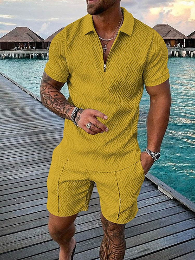 Solid color textured polo shirt set