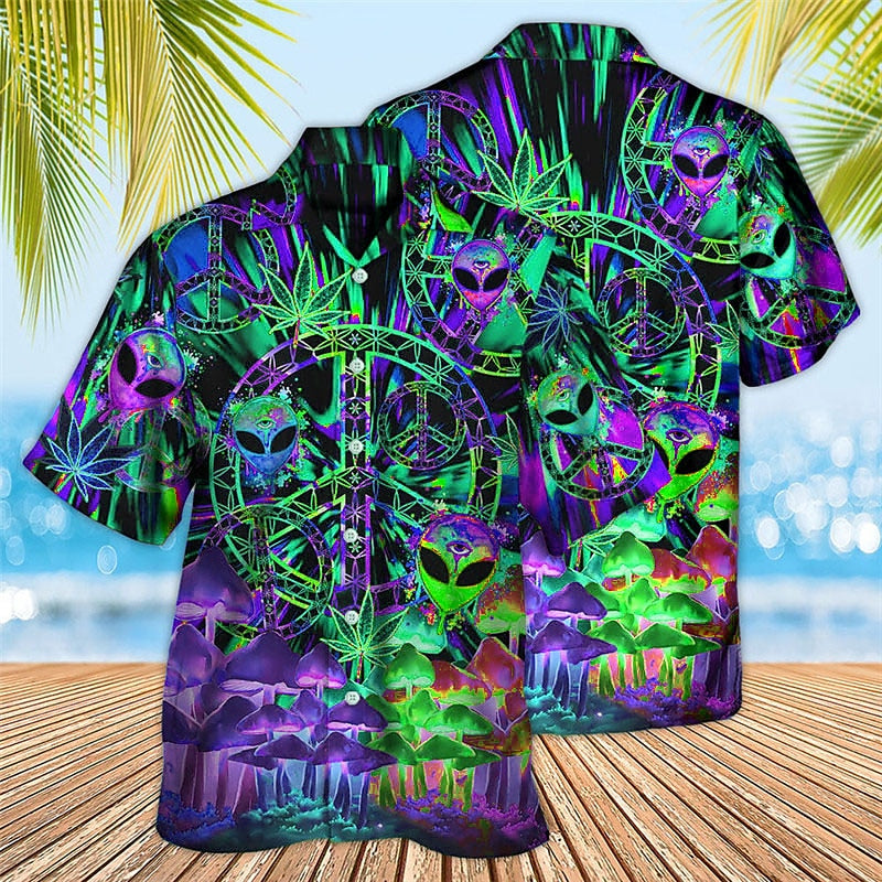 Camisa hawaiana de verano con diseño de hongo alienígena de colores