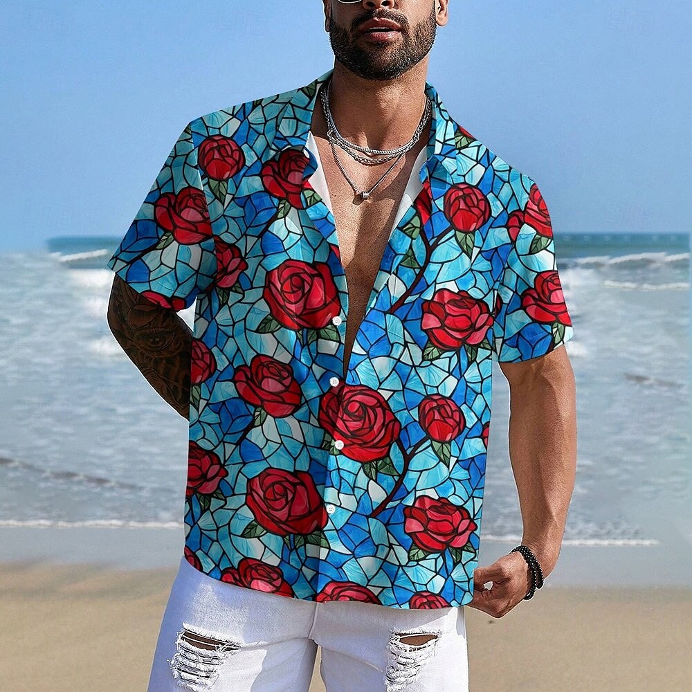 Camisa informal con botones y manga corta con estampado de rosas para San Valentín