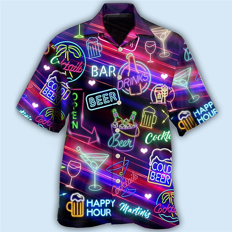 Camisa hawaiana de verano con letras de cerveza de colores