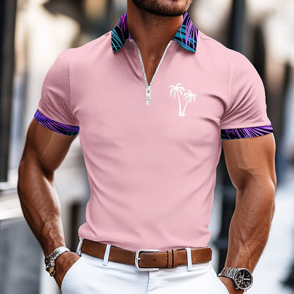 Tropical Palm Tree Zip Polo Shirt Summer