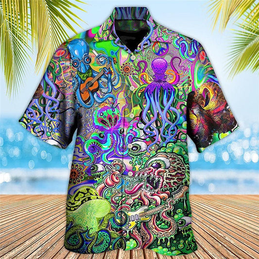 Camisa hawaiana de verano con pulpo y guitarra tropical Camisa Aloha